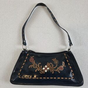 Vintage Y2K Embossed Leather Shoulder Bag Purse Navy 12" X 6"